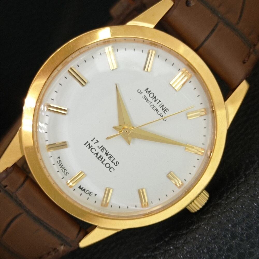 Vintage 1985 Montine Of Switzerland Manual Mens Gold Watch W/Leather Strap